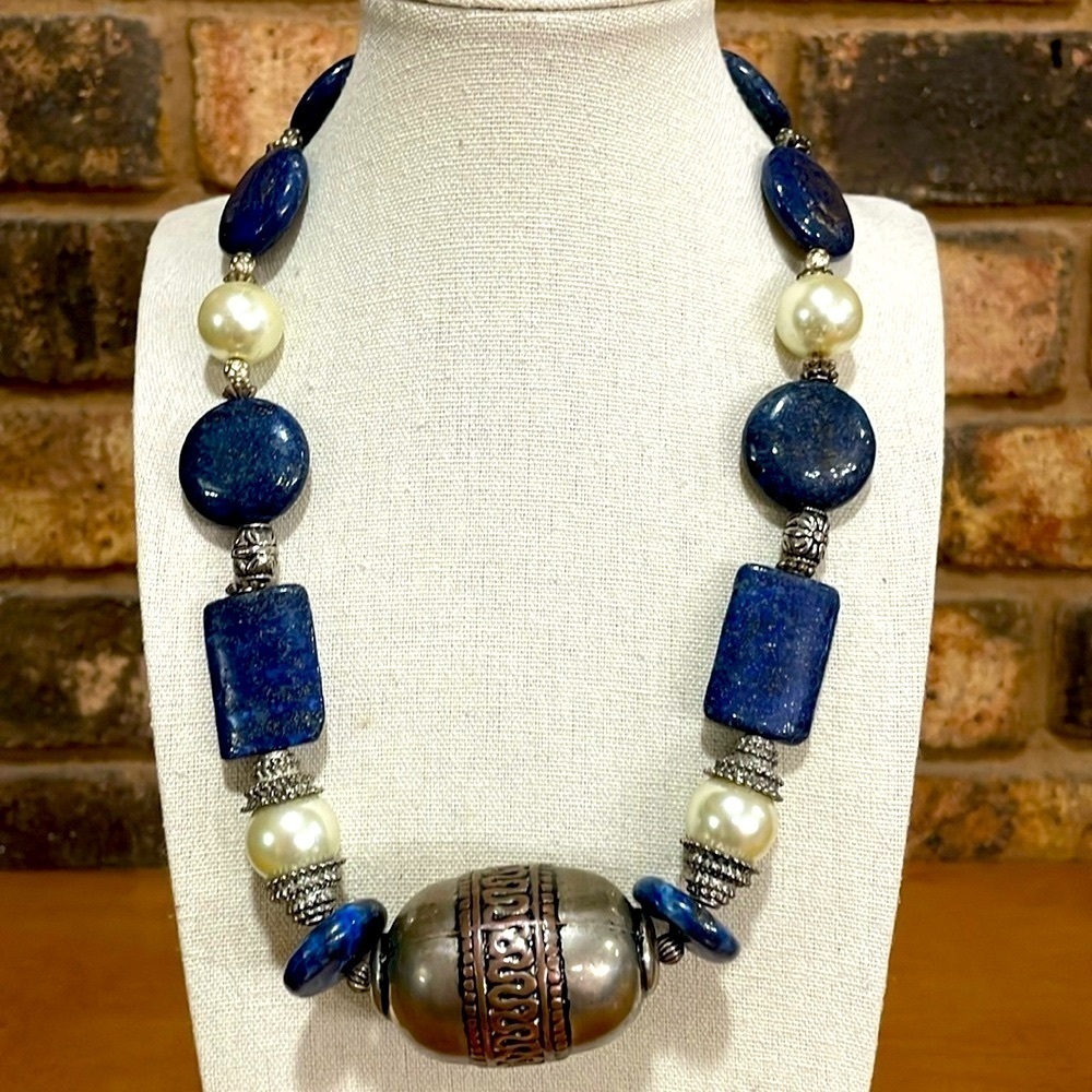 Lapis Lazuli Stone, Silver and Faux Pearl Statement necklace